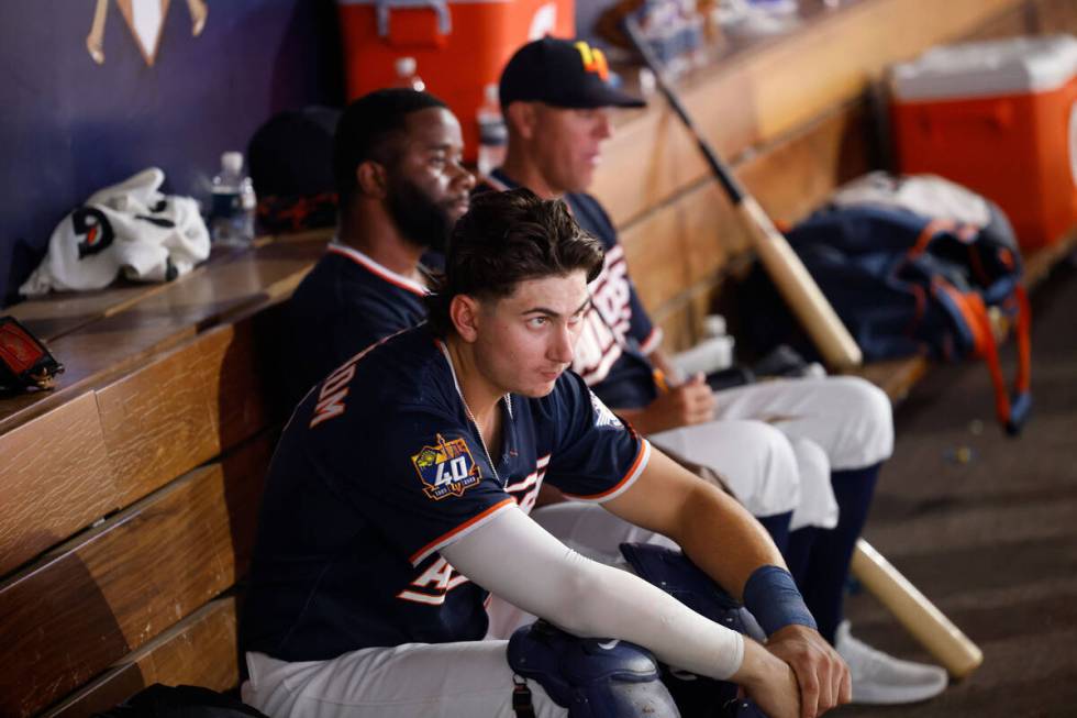 Aviators catcher Tyler Soderstrom (21) sits on the bench during a baseball game against Round R ...