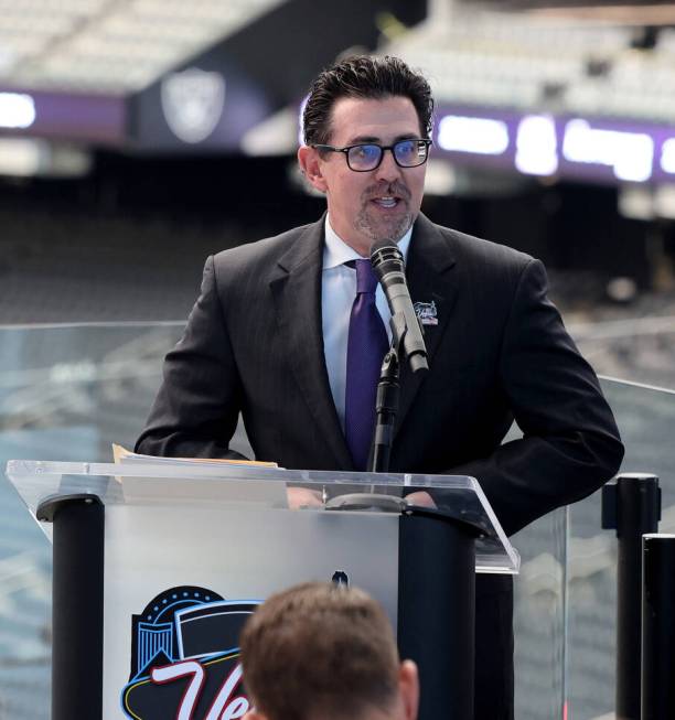 Las Vegas Super Bowl Committee Treasurer Jeremy Aguero at a news conference at Allegiant Stadiu ...