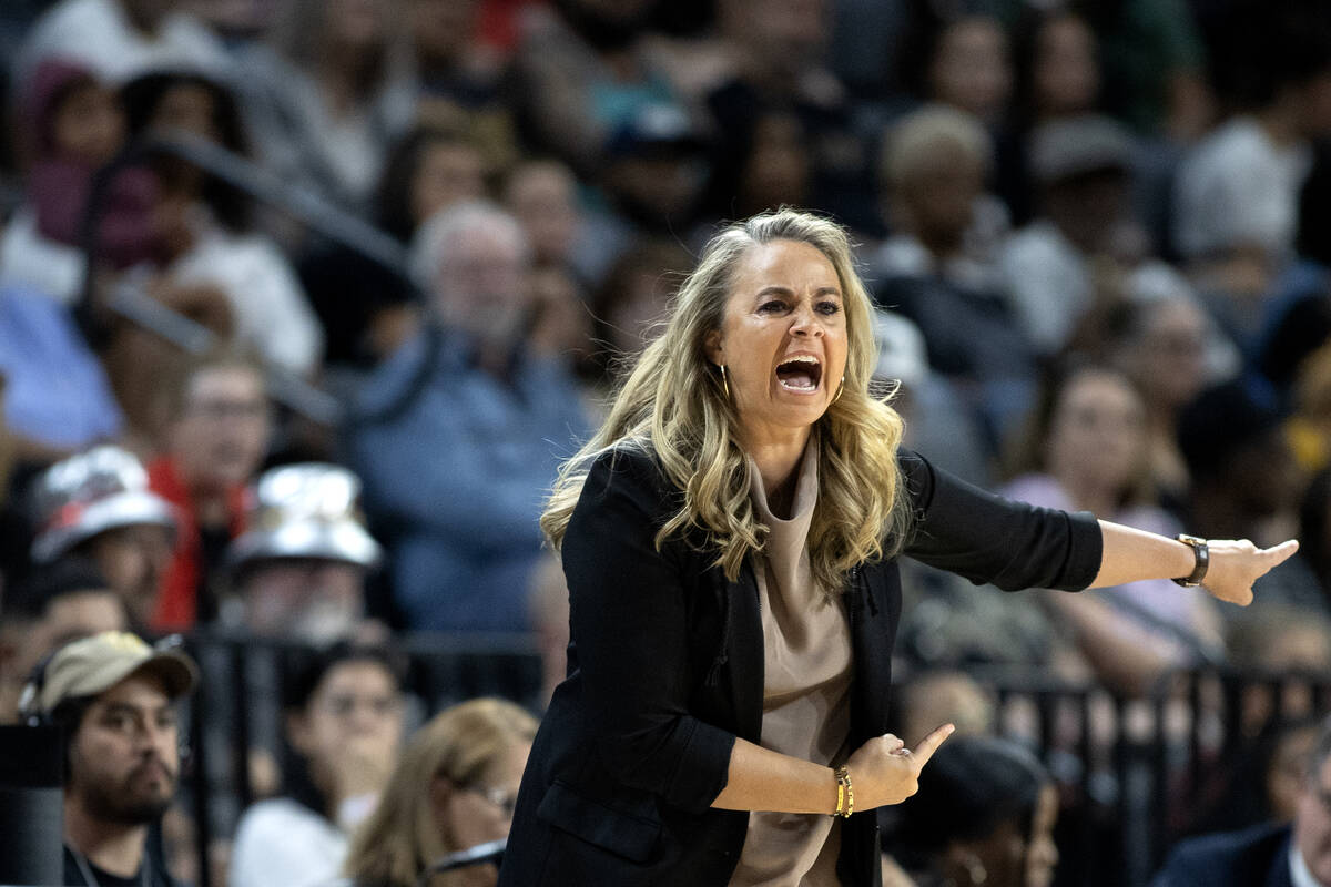 Las Vegas Aces head coach Becky Hammon shouts from the sidelines during the first half of a WNB ...