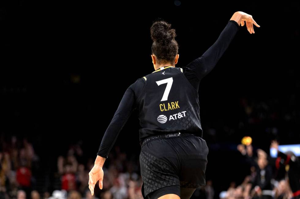 Las Vegas Aces forward Alysha Clark (7) celebrates after scoring a three-pointer during the sec ...