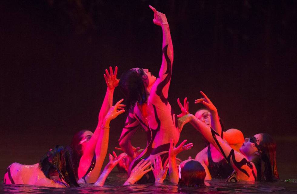 Performers with Cirque du Soleil rehearse at the “O” Theatre in February 2019 at Bellagio. ...