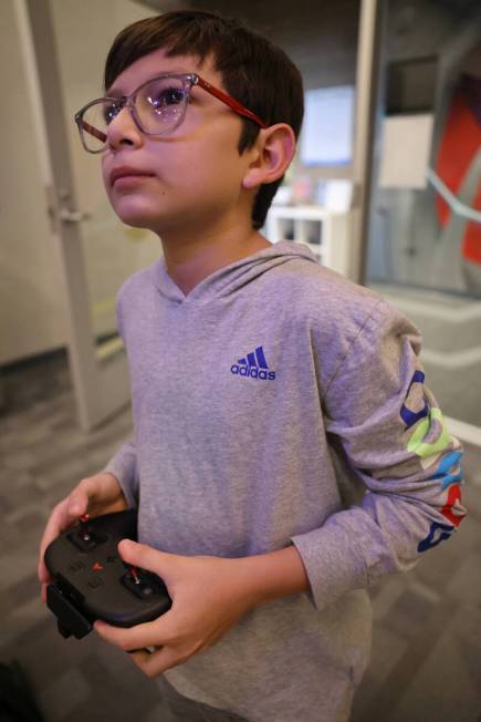 Gaddiel “Prodigy” De La Cruz, 12, competes in a drone soccer scrimmage during Dro ...