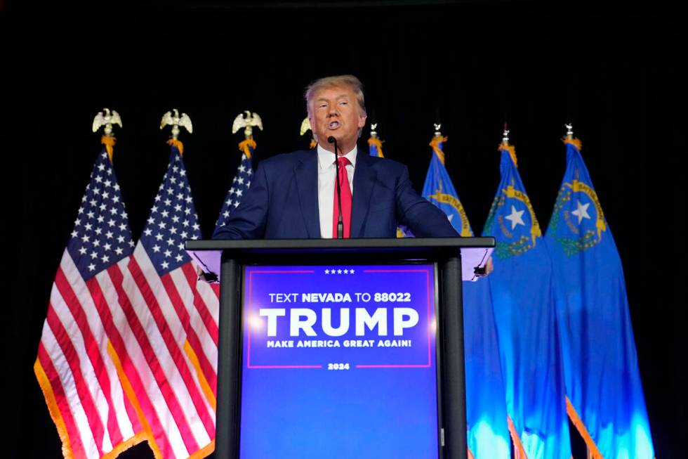 Former President Donald Trump speaks at a campaign event, Saturday, July 8, 2023, in Las Vegas. ...