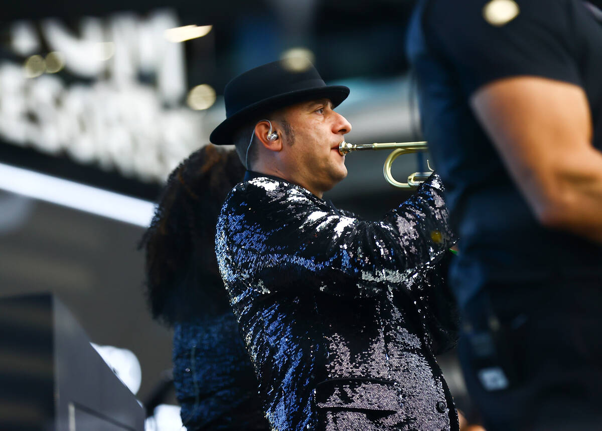 David Perrico leads his Pop Strings Orchestra at Allegiant Stadium in Las Vegas on Monday, June ...