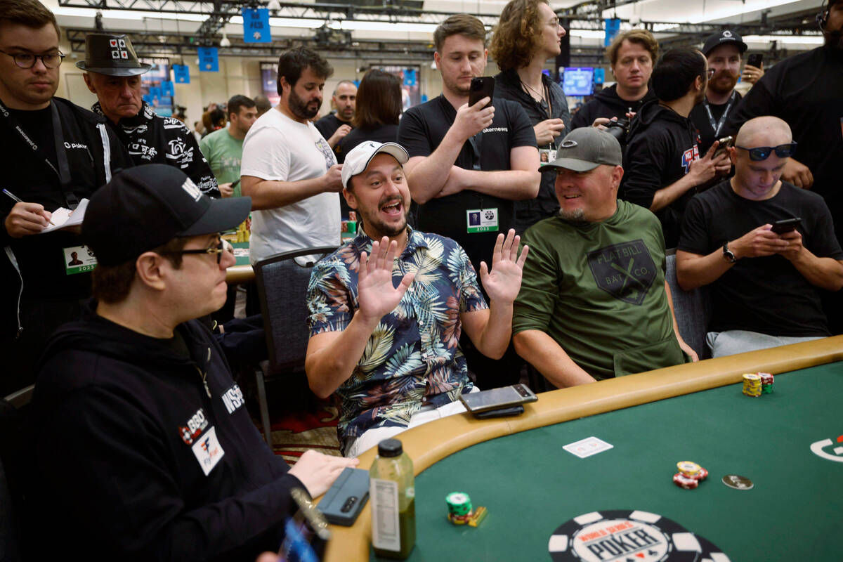Jordan Westmorland, second from left, reacts during World Series of Poker $10,000 buy-in No-lim ...