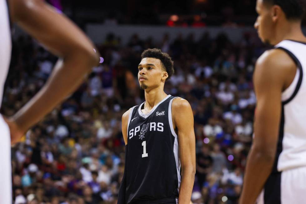 San Antonio Spurs forward Victor Wembanyama (1) prepares for a free throw during an NBA Summer ...