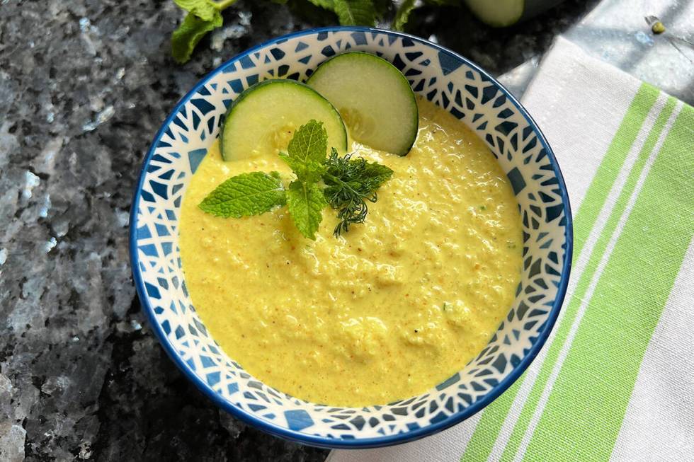 Curry powder and fresh ginger add a touch of spice to this cold cucumber soup. (Gretchen McKay/ ...