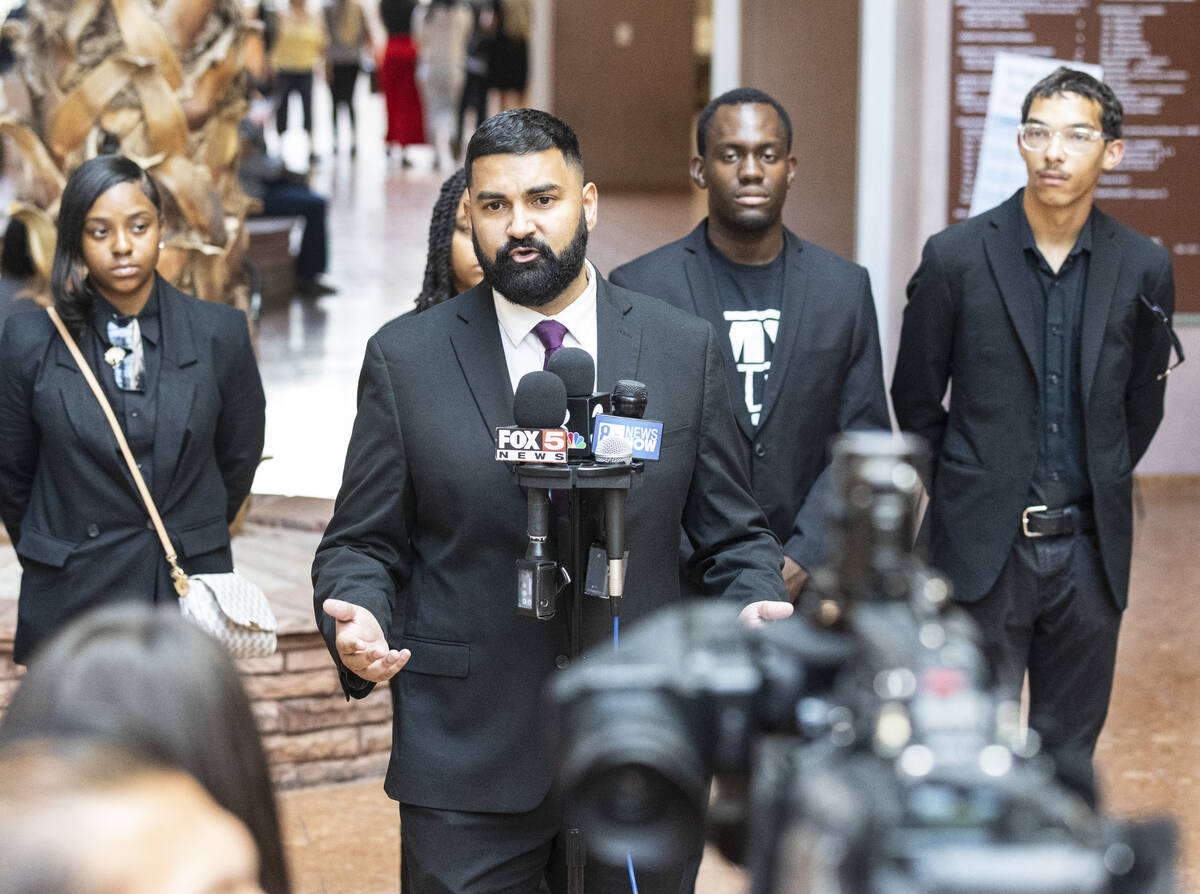 Athar Haseebullah, Esq., executive director for the ACLU of Nevada, addresses the media before ...