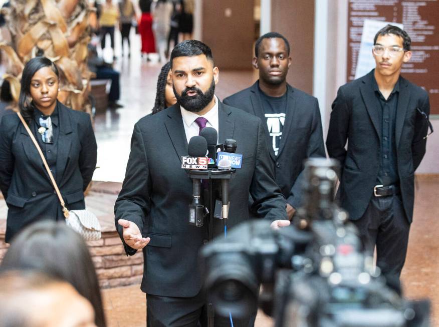 Athar Haseebullah, Esq., executive director for the ACLU of Nevada, addresses the media before ...