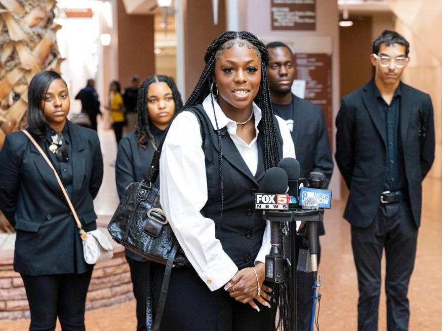 Derrica Daniel, ACLU of Nevada Emerging Leaders president, addresses the media before a hearing ...