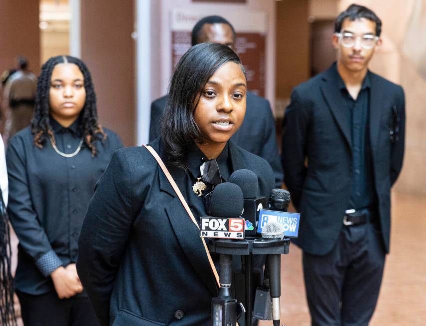 Kash Williams, executive board member at ACLU of Nevada Emerging Leaders, addresses the media b ...