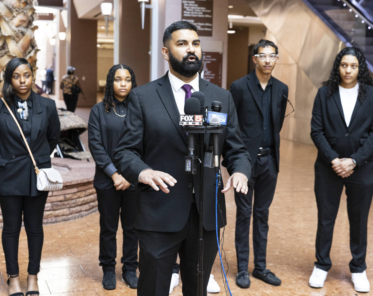 Athar Haseebullah, Esq., executive director for the ACLU of Nevada, addresses the media before ...