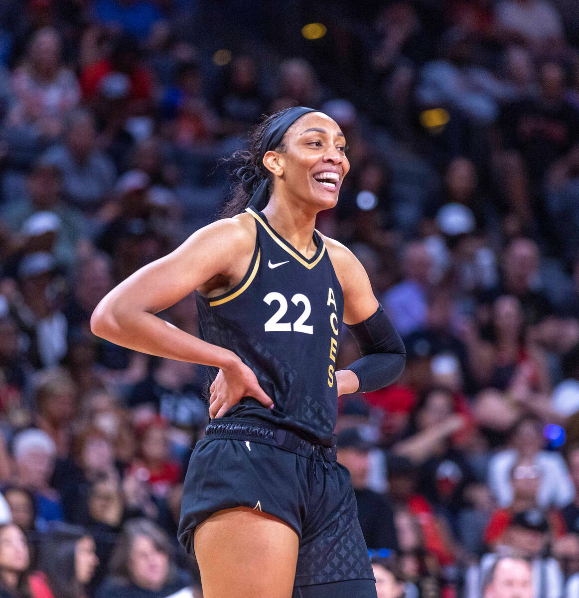 Aces forward A'ja Wilson (22) is happy with her teams domination of the Phoenix Mercury during ...