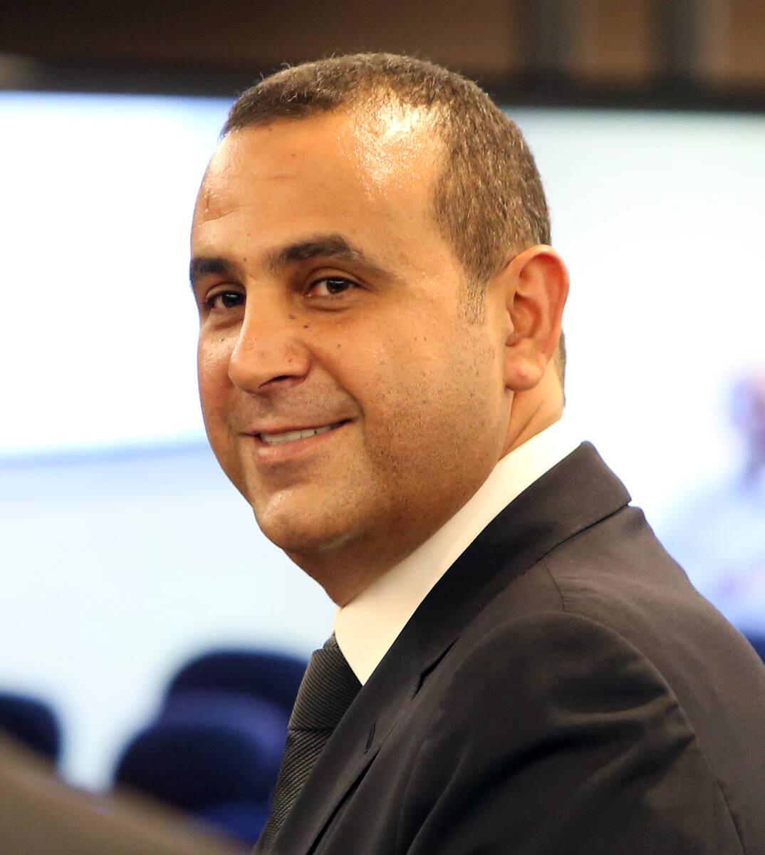 Sam Nazarian, CEO of SBE Entertainment, smiles after appeaing before the Nevada Gaming Commissi ...