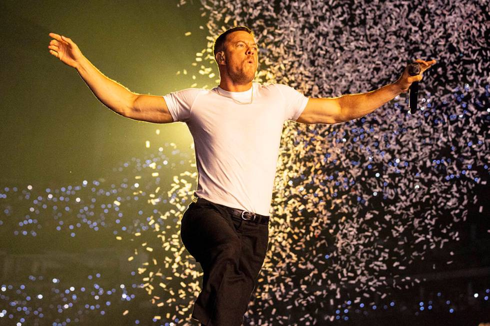 Dan Reynolds, of Imagine Dragons, performs at Allegiant Stadium, on Saturday, Sept. 10, 2022, i ...