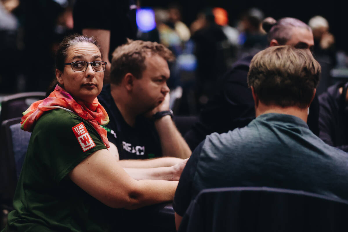 Estelle Cohuet, the last woman standing in the World Series of Poker Main Event, competes with ...