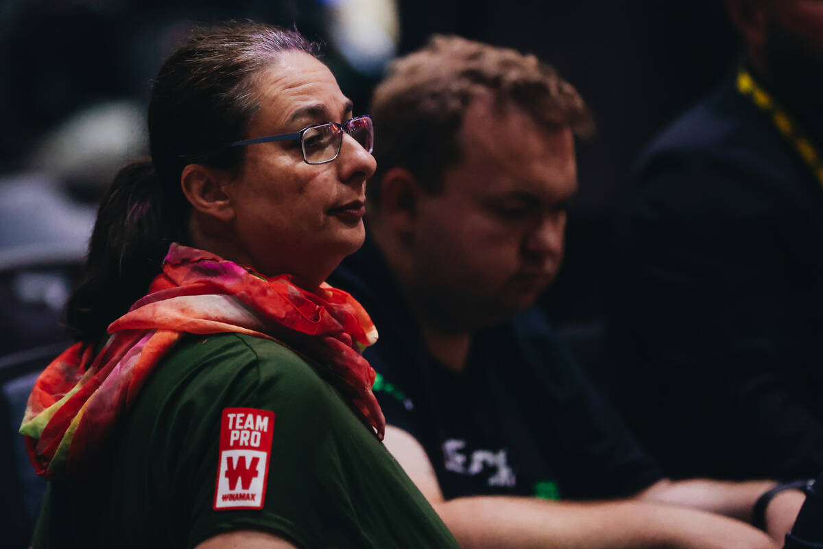 Estelle Cohuet, the last woman standing in the World Series of Poker Main Event, competes with ...