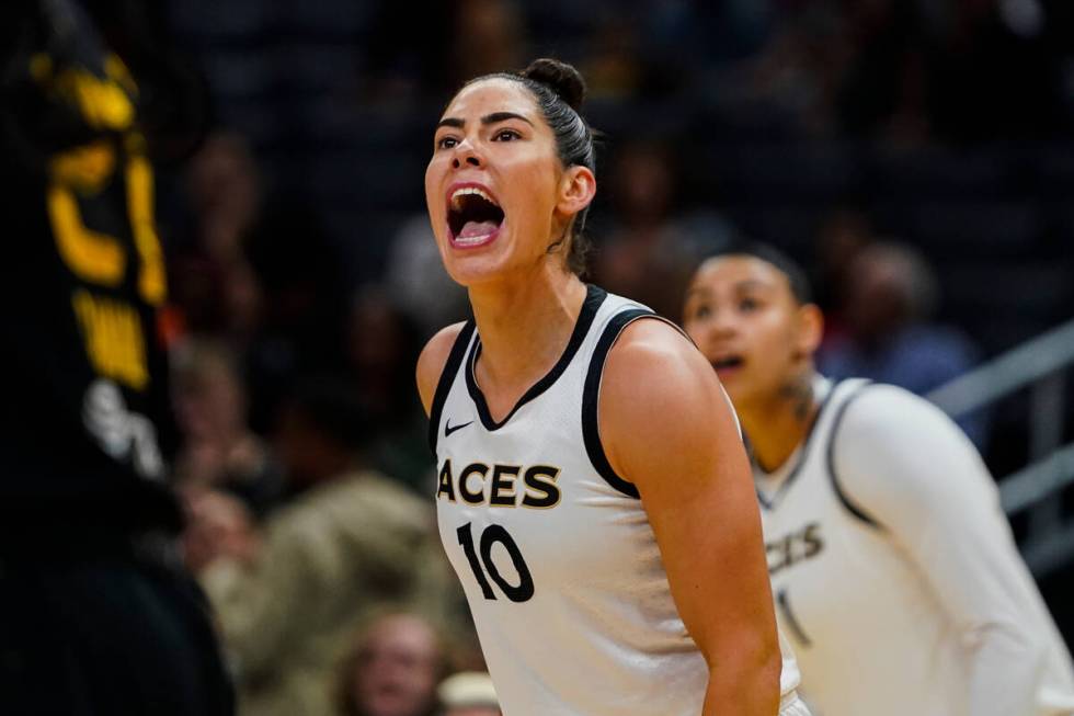 Las Vegas Aces guard Kelsey Plum (10) reacts during the first half of the team's WNBA basketbal ...