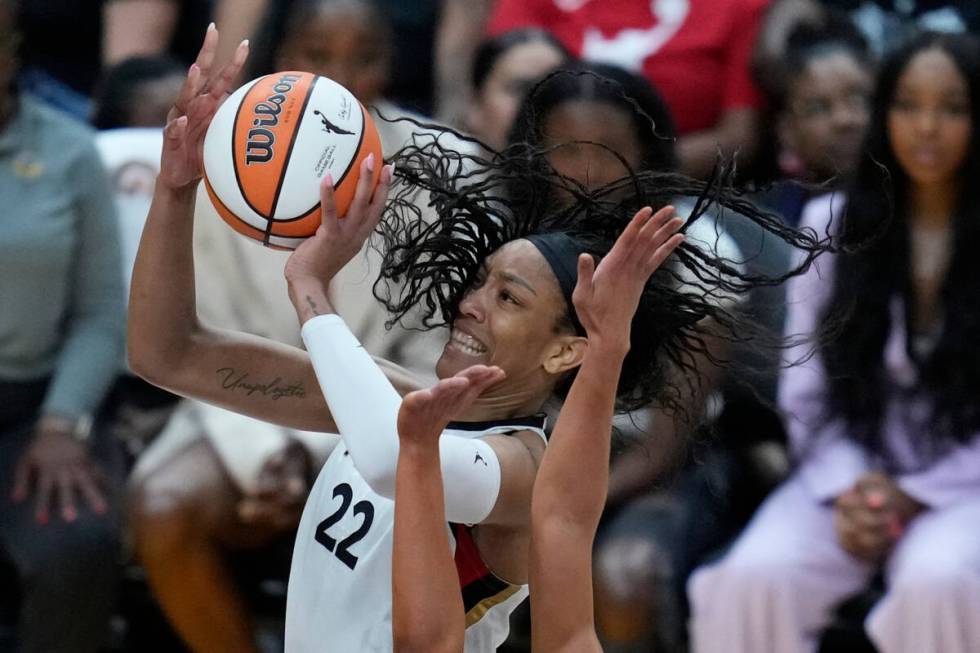 Las Vegas Aces forward A'ja Wilson (22) shoots during the first half of a WNBA basketball game ...