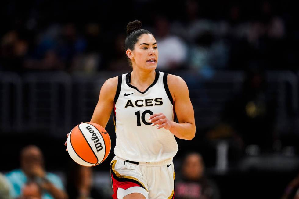 Las Vegas Aces guard Kelsey Plum (10) surveys the court against the Los Angeles Sparks during t ...