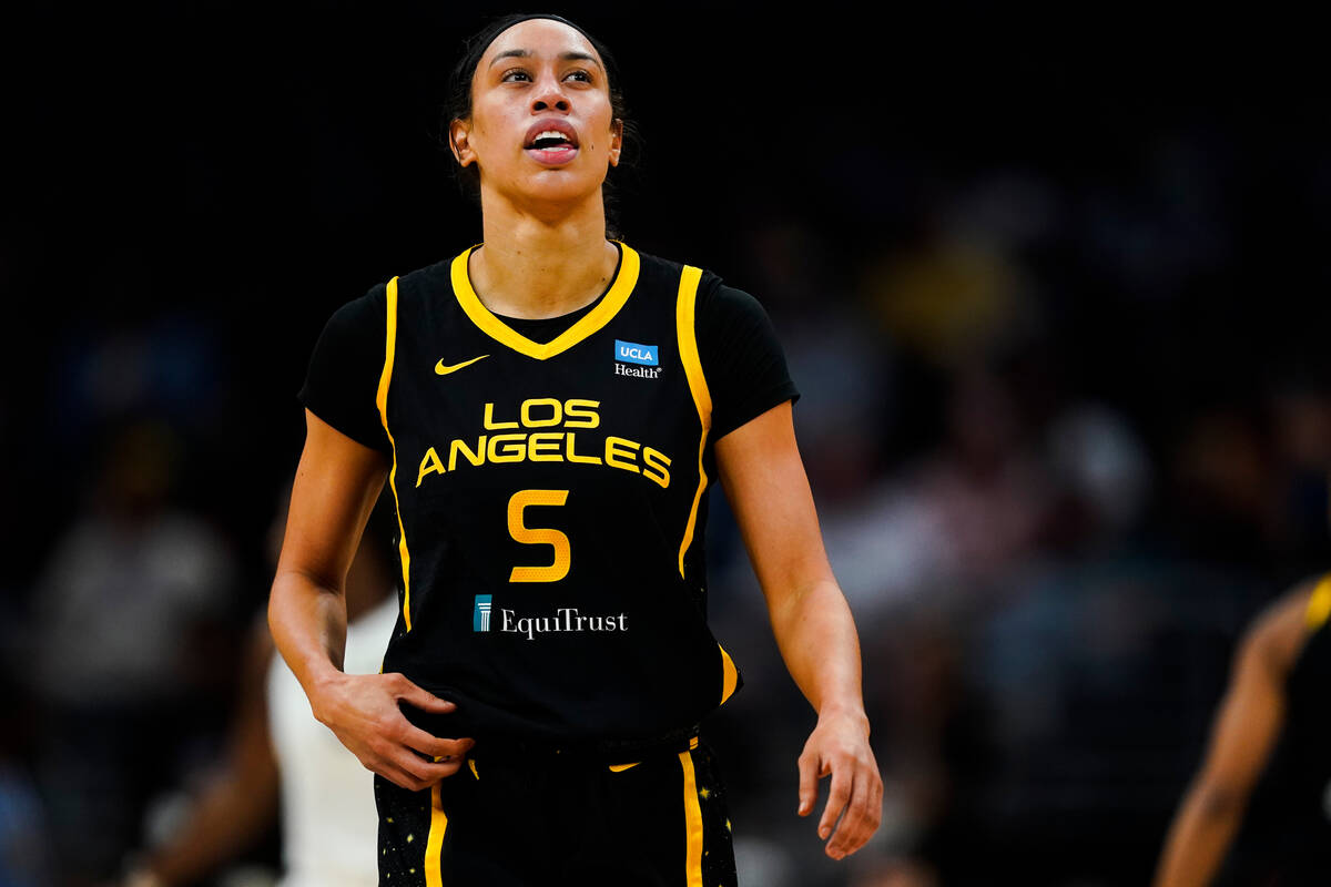 Los Angeles Sparks forward Dearica Hamby (5) reacts against the Las Vegas Aces during the first ...