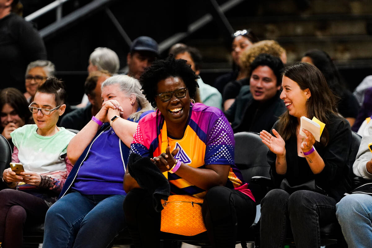 Comedian Leslie Jones watches during the second half of a WNBA basketball game between the Las ...