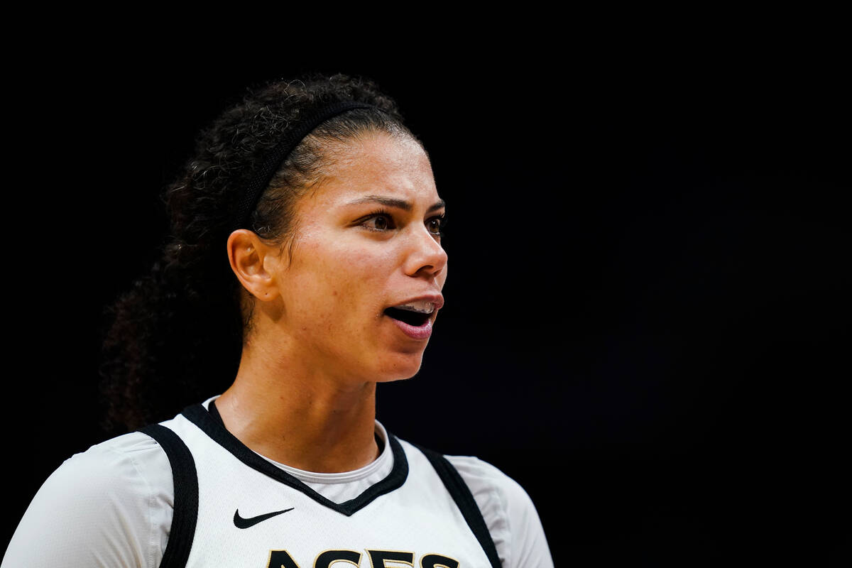 Las Vegas Aces forward Alysha Clark (7) reacts against the Los Angeles Sparks during the first ...