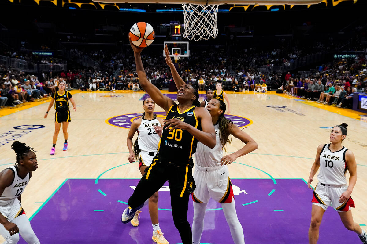 Los Angeles Sparks forward Nneka Ogwumike (30) lays the ball up against the Las Vegas Aces duri ...