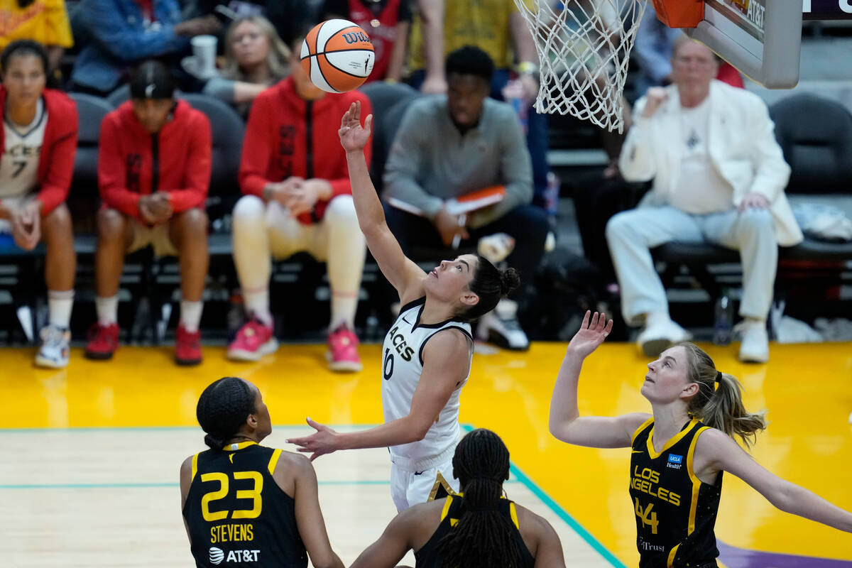 Las Vegas Aces guard Kelsey Plum (10) shoots during the second half of a WNBA basketball game a ...