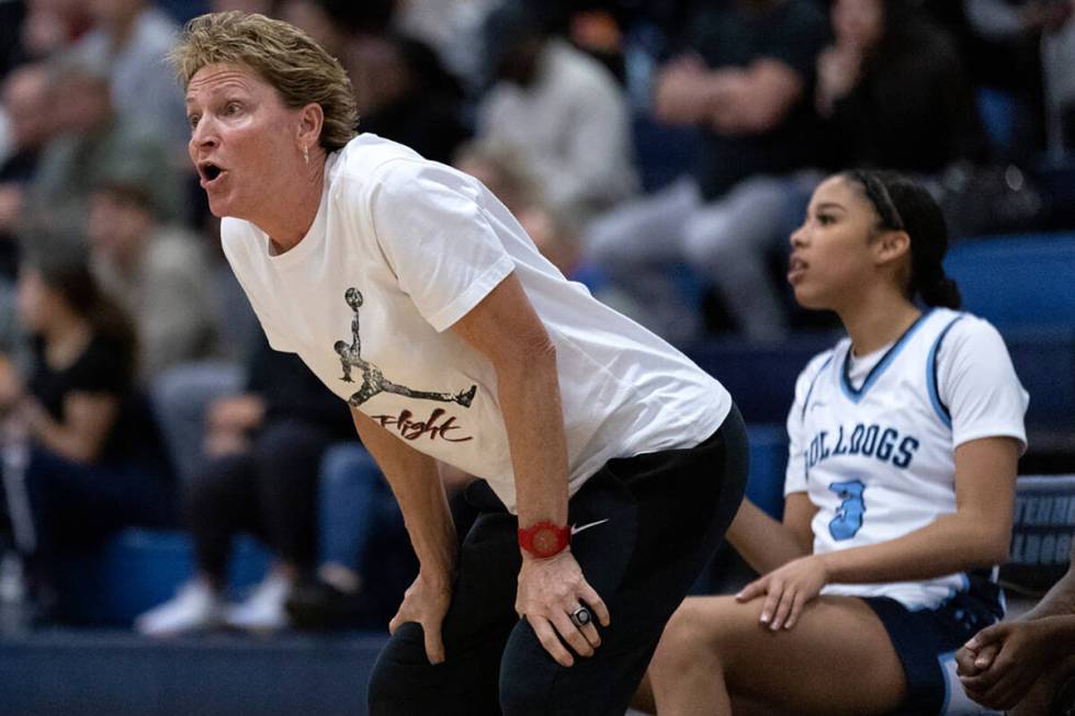 Centennial head coach Karen Weitz shouts from the sidelines during a Class 5A Southern League c ...