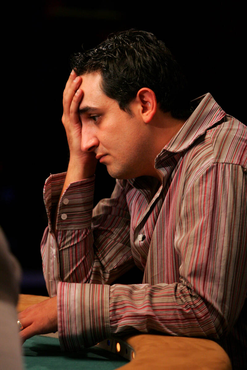 Josh Arieh contemplates a move during the final round of the World Series of Poker Friday, May ...