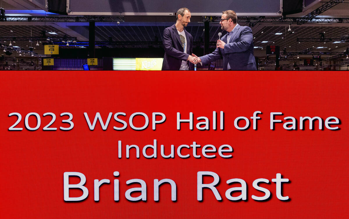 Brian Rast is greeted by World Series of Poker vice presdient Jack Effel as the 2023 Hall of Fa ...