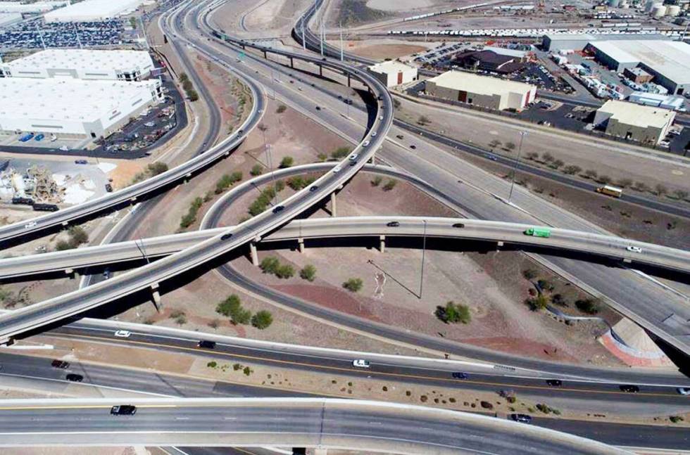 An aerial photo of the Henderson Spaghetti Bowl taken April, 2, 2019. (NDOT)