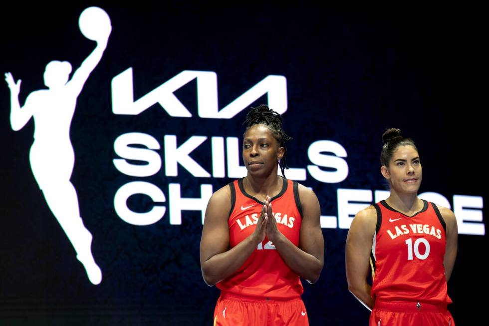 Las Vegas Aces guards Chelsea Gray and Kelsey Plum are introduced to the crowd before during th ...