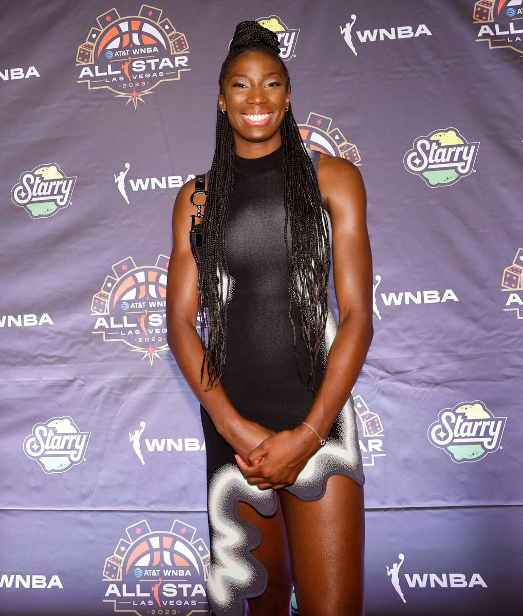 Ezi Magbegor of Seattle Storm poses for a photo on the WNBA Orange Carpet outside Della's Kitch ...