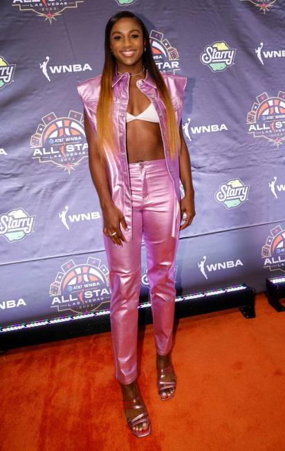 Jackie Young of Las Vegas Aces poses on the WNBA Orange Carpet outside Della's Kitchen at Delan ...