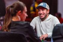 Daniel Weinman enjoys a lighter moment during Day 7 at the World Series of Poker Main Event in ...