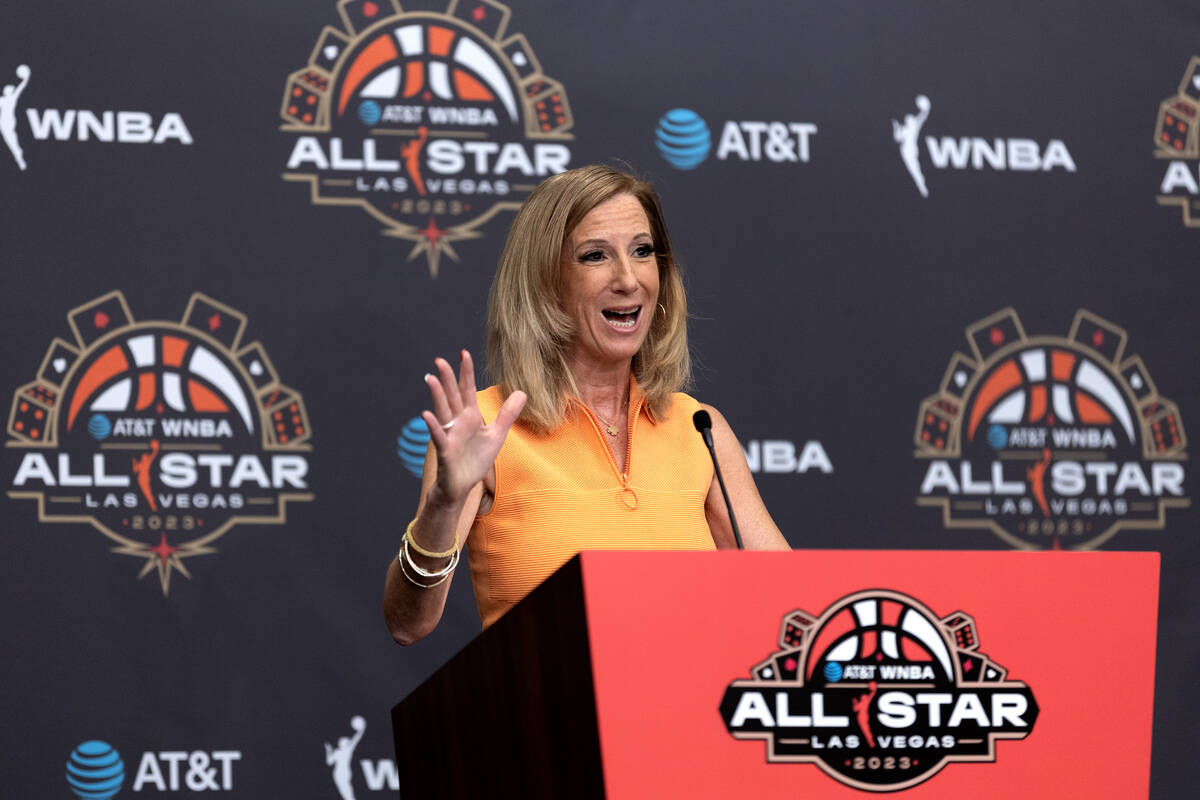 WNBA Commissioner Cathy Engelbert speaks during a news conference before the WNBA All-Star bask ...