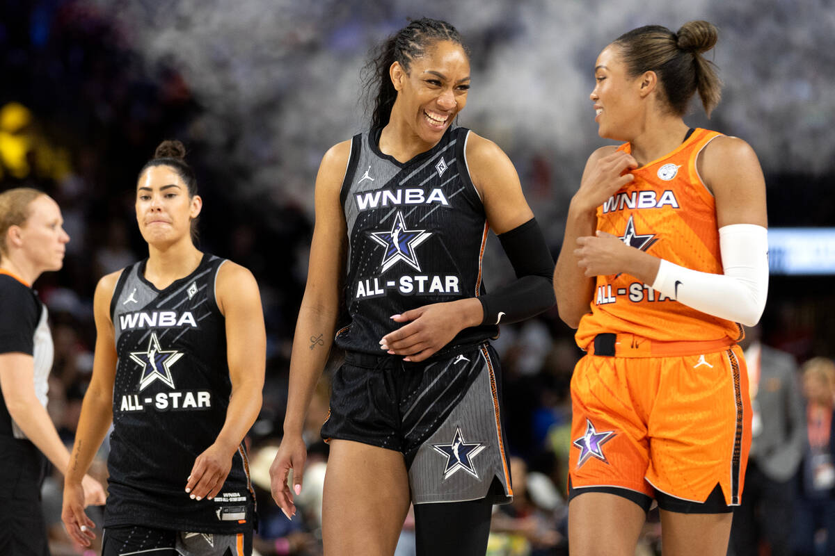 Las Vegas Aces' A'ja Wilson, of Team Wilson, laughs with Minnesota Lynx's Napheesa Collier, of ...