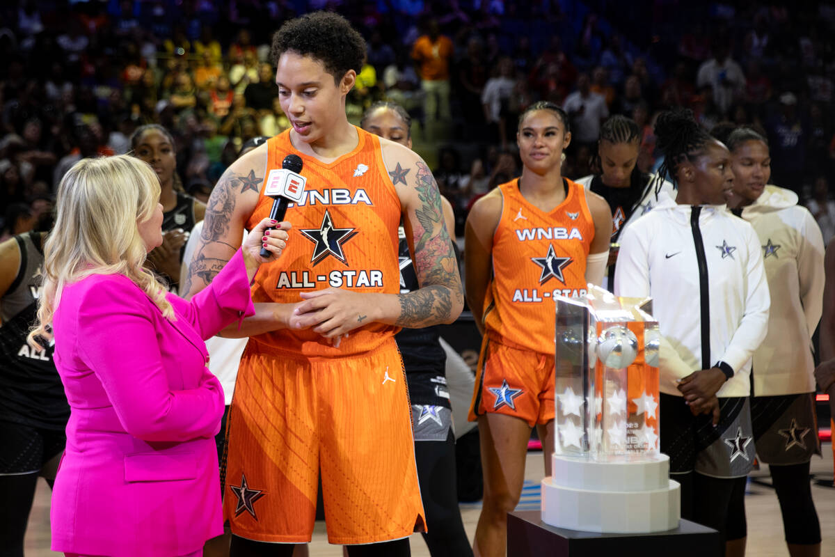 The Phoenix Mercury's Brittney Griner, of Team Stewart, speaks with ESPN’s Holly Rowe af ...