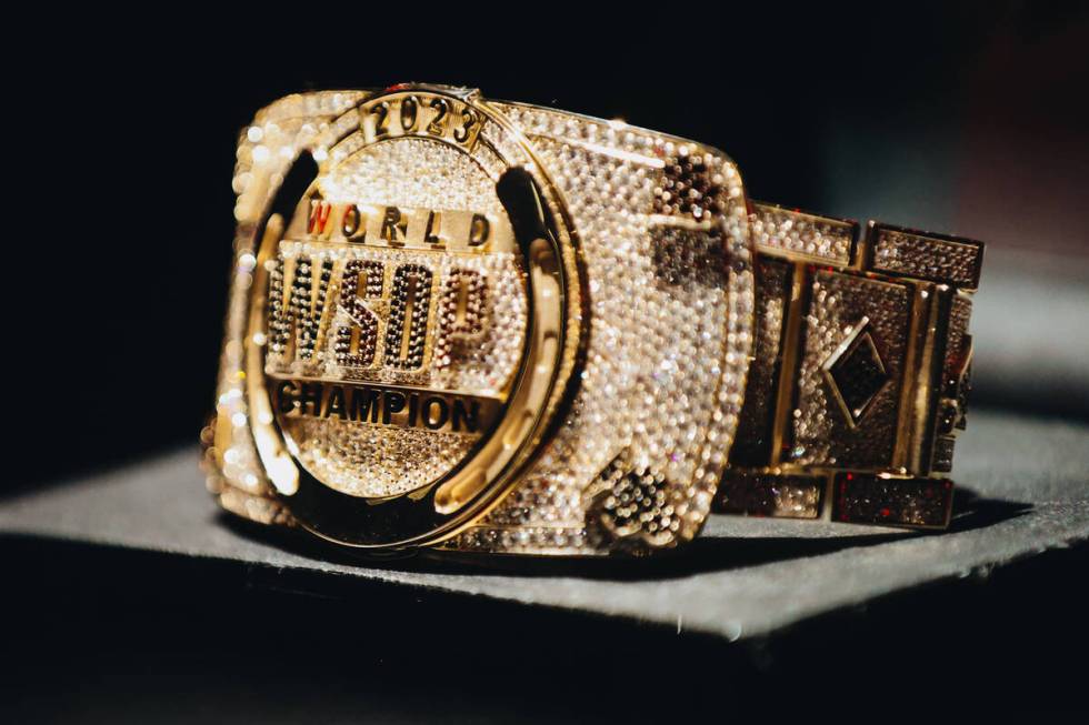 The $10,000 buy-in No-limit Hold’em World Championship bracelet is seen during the World ...