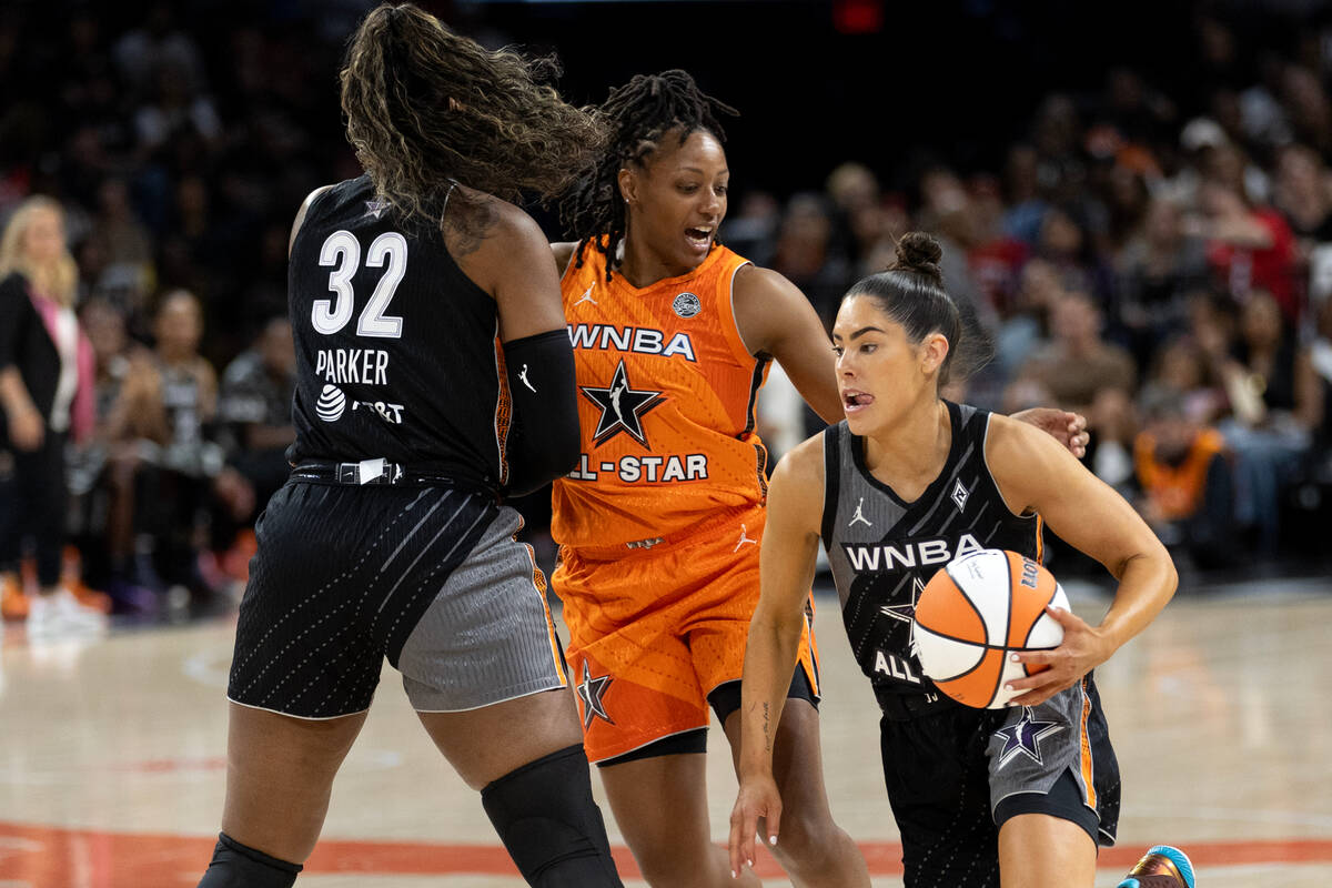 The Las Vegas Aces’ Kelsey Plum, of Team Wilson, drives around Indiana Fever's Kelsey Mi ...