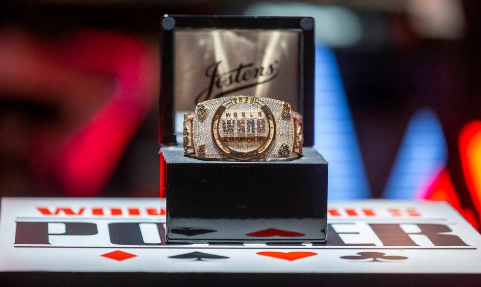 The Josten's World Series of Poker Main Event bracelet on display on the final table in the Hor ...