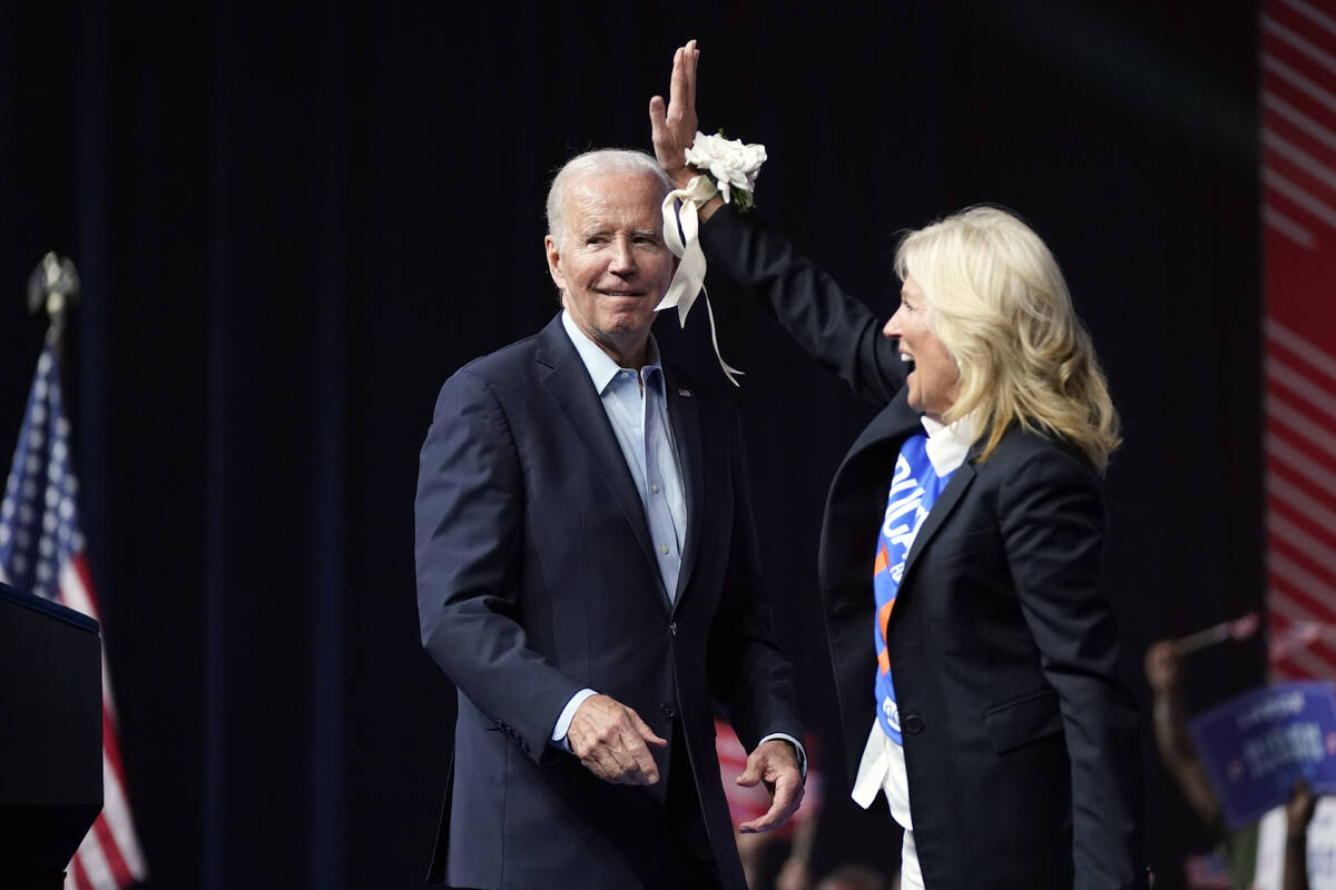 President Joe Biden stands with first lady Jill Biden during a political rally at the Philadelp ...