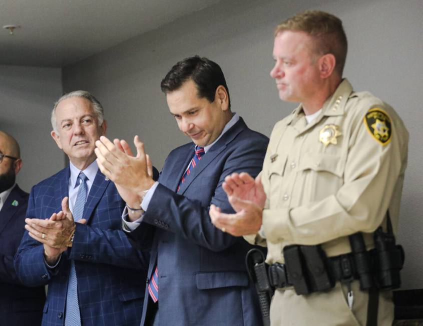 Gov. Joe Lombardo, from left, Secretary of State Cisco Aguilar, center, and Sheriff Kevin McMah ...