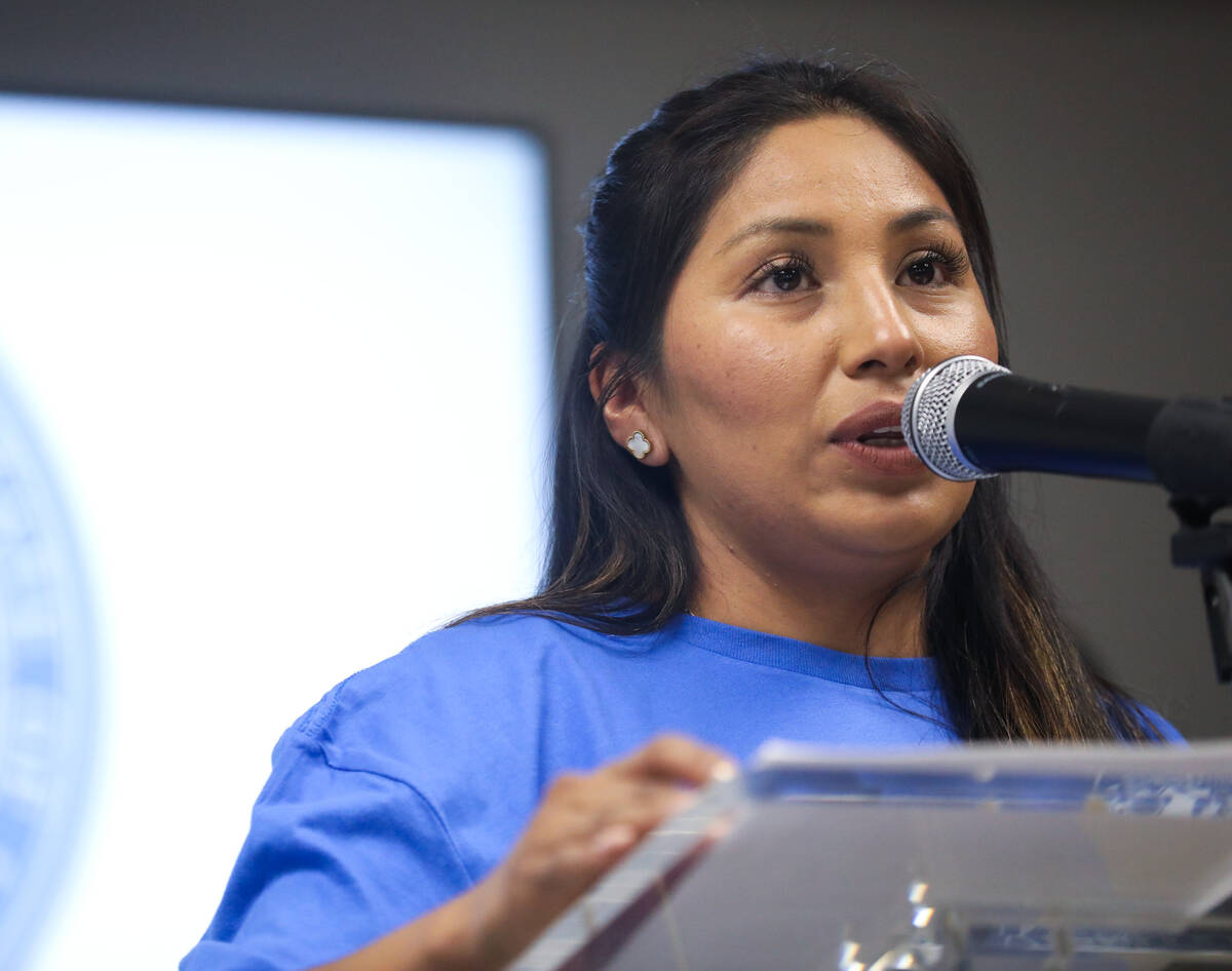 Street food vendor Nayeli Hernandez addresses the crowd at a ceremonial signing event for Senat ...