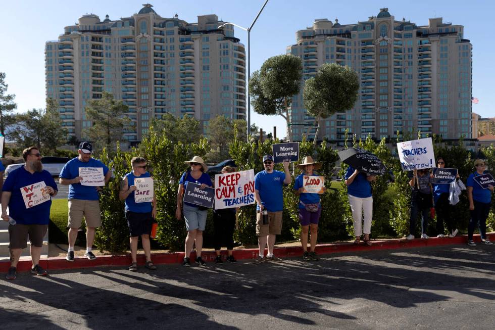 Educators with the Clark County Education Association protest outside Superintendent Jesus Jara ...