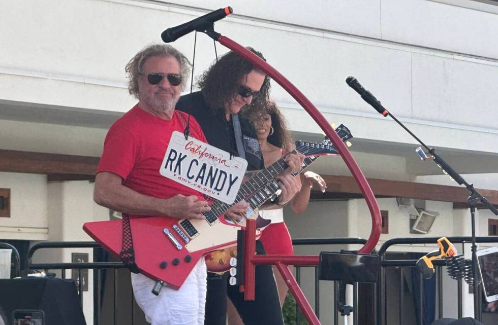 Sammy Hagar is shown with guitarist Steve Heath at SOAK Pool at the Palms during a pop-up show ...