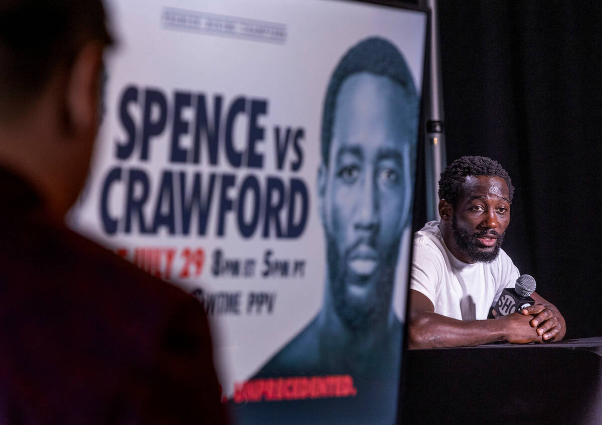 Terence Crawford answers questions at the UFC Apex gym on Wednesday, July 19, 2023, in Las Vega ...