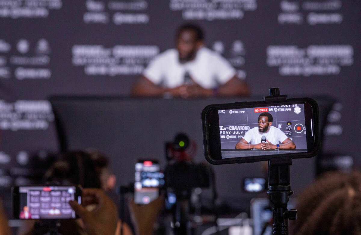 Terence Crawford answers questions at the UFC Apex gym on Wednesday, July 19, 2023, in Las Vega ...